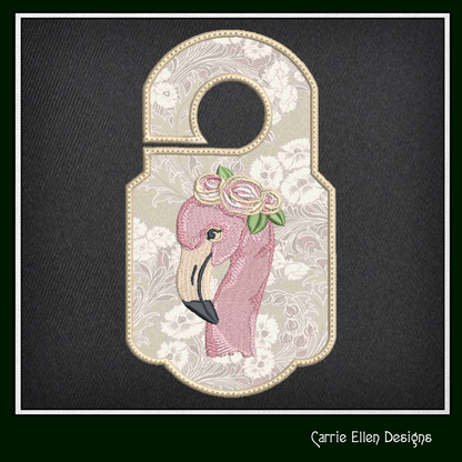 Flamingo with Floral Crown In The Hoop Doorknob Hanger Machine Embroidery Design Project, Whimsical Pink Bird Door Sign (2190)