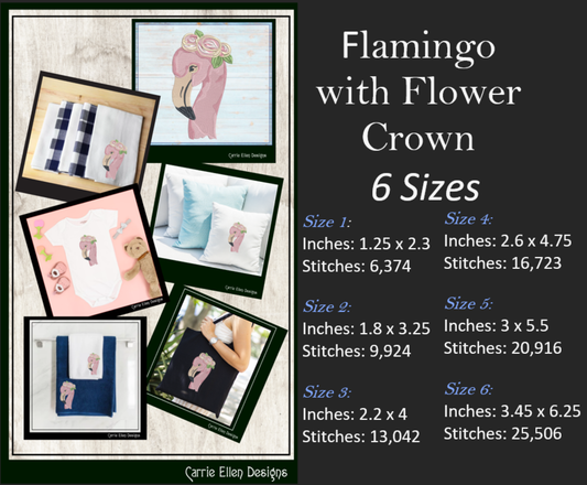 Flamingo Machine Embroidery Design, Quirky Pink Bird with Floral Crown Design, Whimsical Pink Flamingos, 6 sizes (2192)