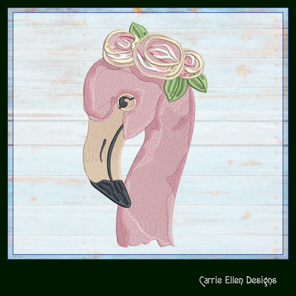 Flamingo Machine Embroidery Design, Quirky Pink Bird with Floral Crown Design, Whimsical Pink Flamingos, 6 sizes (2192)