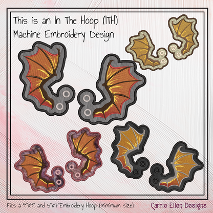 Bat Wing ITH Machine Embroidery Shoe Wings – Colorful Halloween Bat Wings – In The Hoop Shoe Charm Design for 4x4 and 5x7 Hoops (2203)