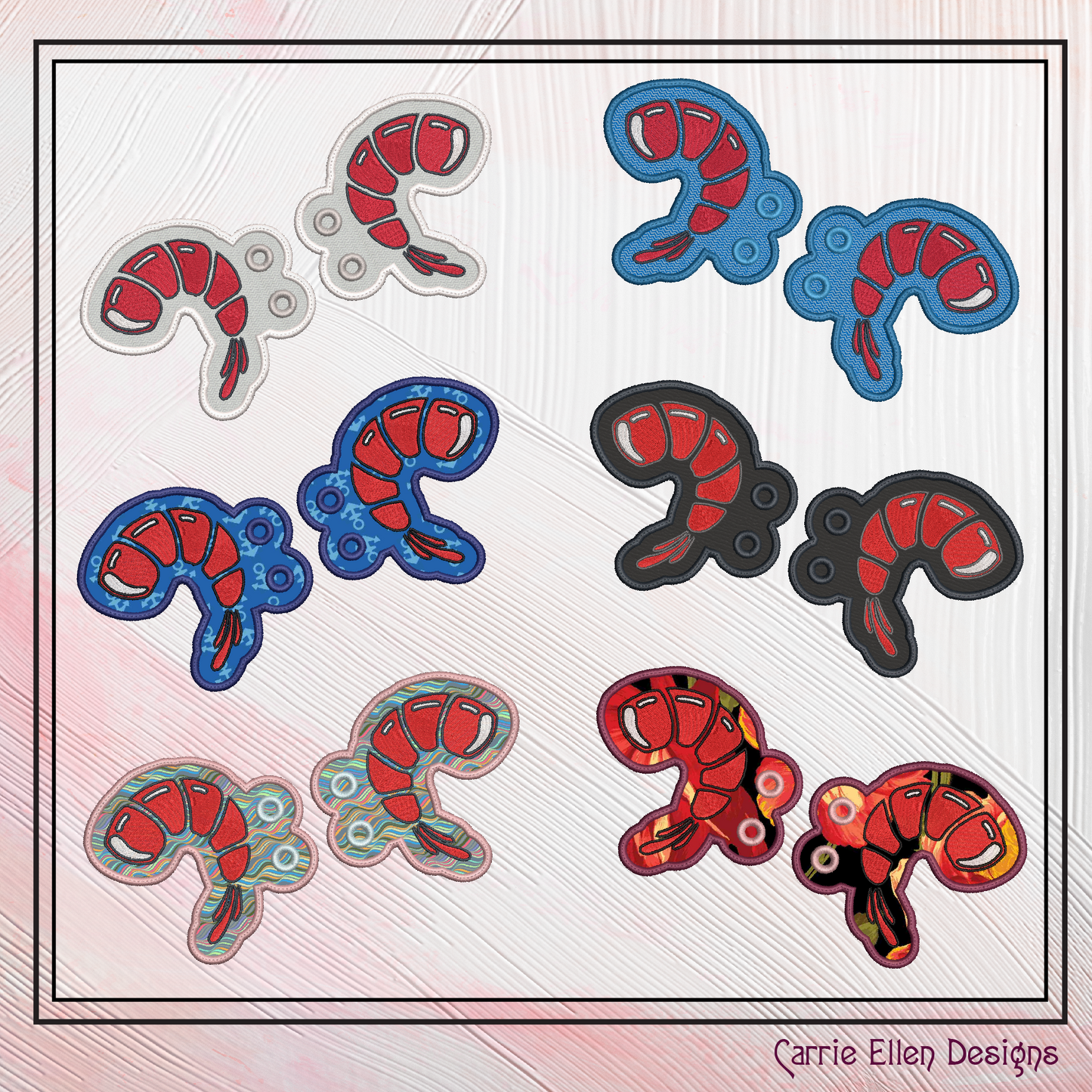 Shrimp ITH Machine Embroidery Design – Prawn Shoe Wing Charms – In The Hoop Embroidery for 4x4 & 5x7 Hoops (2209)
