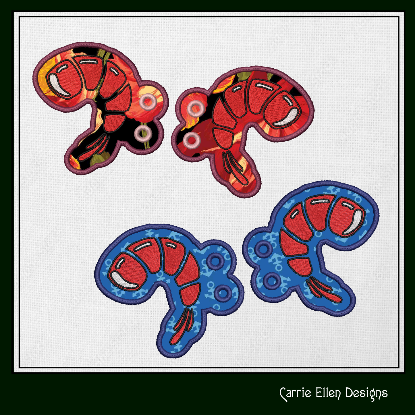 Shrimp ITH Machine Embroidery Design – Prawn Shoe Wing Charms – In The Hoop Embroidery for 4x4 & 5x7 Hoops (2209)