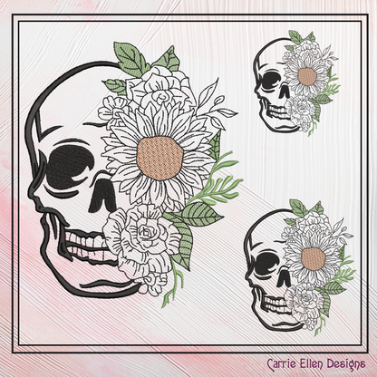 Sugar Skull with Flowers Machine Embroidery Design – Day of the Dead Skull Pattern, 6 Sizes (2225)
