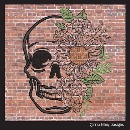 Sugar Skull with Flowers Machine Embroidery Design – Day of the Dead Skull Pattern, 6 Sizes (2225)