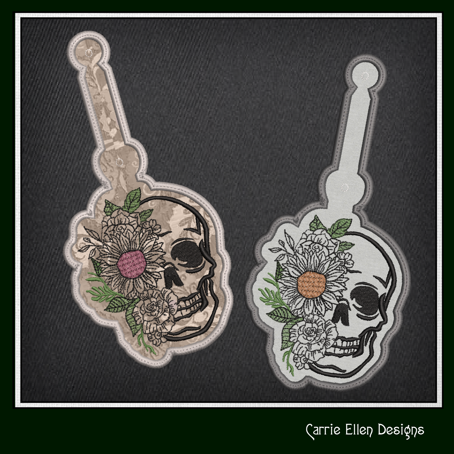 Floral Skull ITH Key Fob Machine Embroidery Design | Artistic Skull In-The-Hoop Bag Tag and Key Tag (2227)