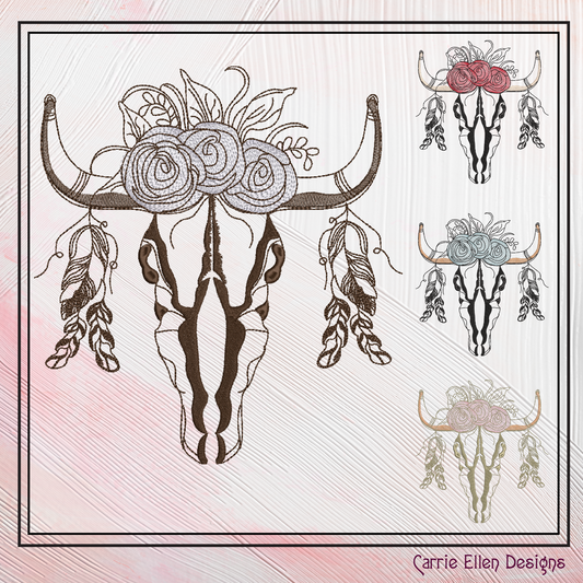 Deer Skull Machine Embroidery Design, Animal Skull with Floral Wreath, Southwest Theme Design, 6 Sizes (2229)