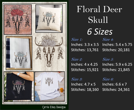 Deer Skull Machine Embroidery Design, Animal Skull with Floral Wreath, Southwest Theme Design, 6 Sizes (2229)