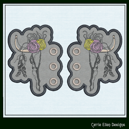 Deer Skull ITH Shoe Wing Embroidery Design – In The Hoop Floral Antler Skull Machine Embroidery Pattern – 4x4 & 5x7 Hoop (2230)