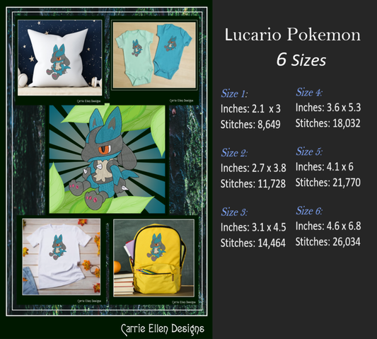 Lucario Machine Embroidery Design, Pokémon Fandom Character Design, 6 Sizes (2239)