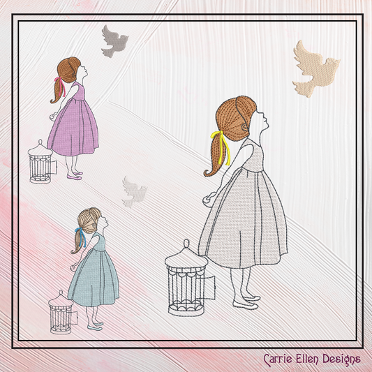 Little Girl Machine Embroidery Design, Birdcage and Dove Design, Sketch with Light Density Design, 6 Sizes (2272)