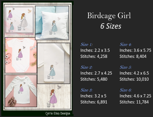 Little Girl Machine Embroidery Design, Birdcage and Dove Design, Sketch with Light Density Design, 6 Sizes (2272)