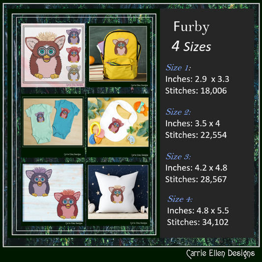 Furby Machine Embroidery Design, Nostalgic Robotic Toy, Fan Art Furry Friend, 4 Sizes (2273)