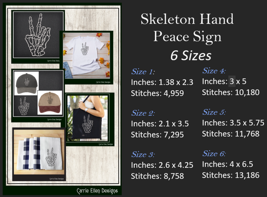 Skeleton Hand Peace Sign Machine Embroidery Design, BOHO Halloween Boney Hand, 6 Sizes (2299)