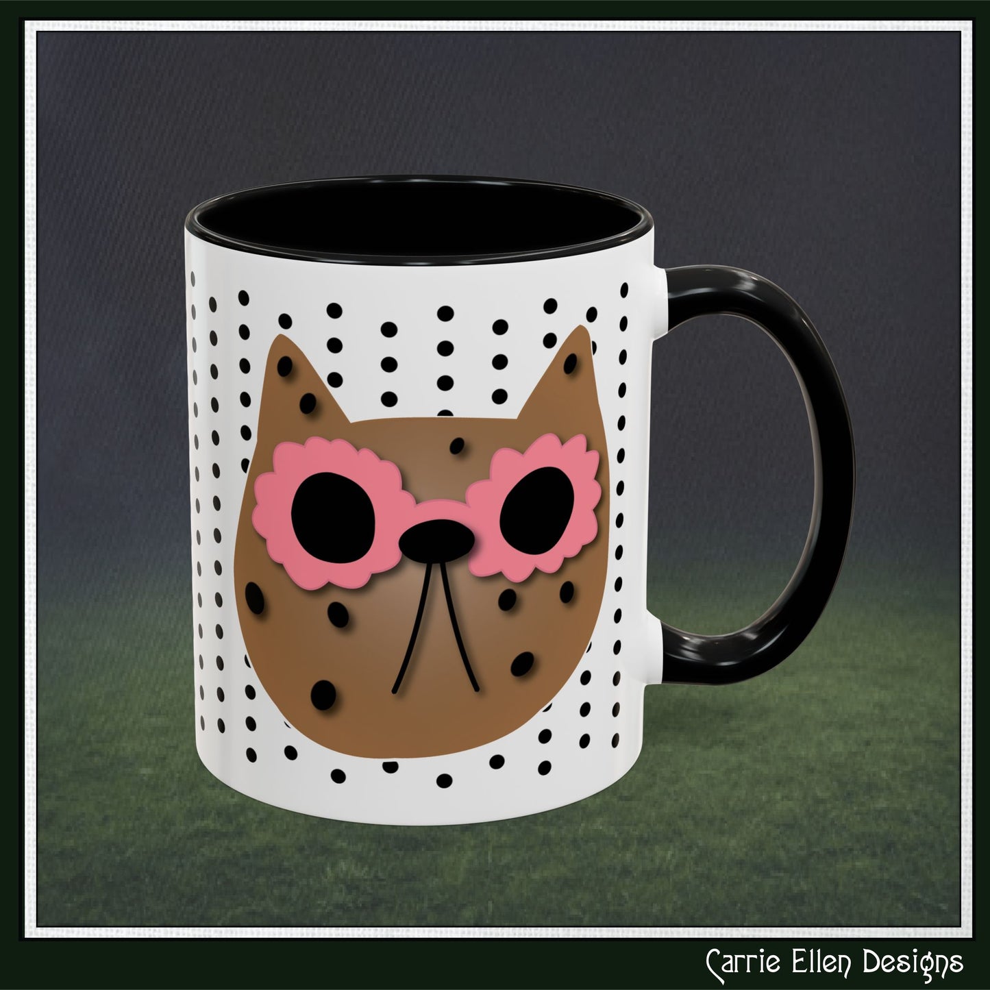 Spotted Cat Mug with Pink Sunglasses Accent Coffee Cup | 11oz 15oz (3812)