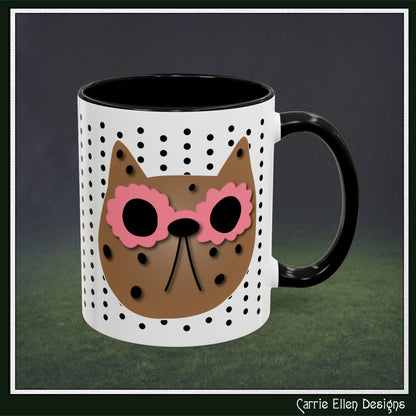 Spotted Cat Mug with Pink Sunglasses Accent Coffee Cup | 11oz 15oz (3812)