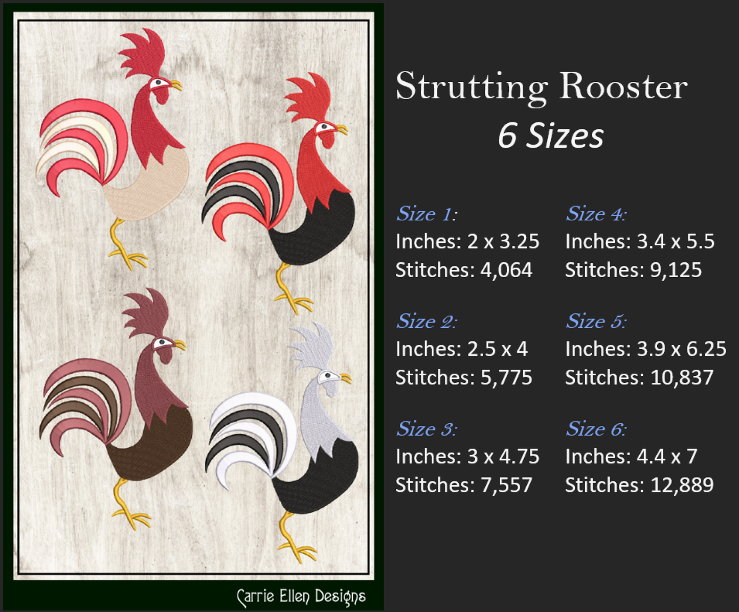 Strutting Rooster Machine Embroidery Design | Farm Animal Stitch File | Country Birds Pattern, 6 Sizes (2318)