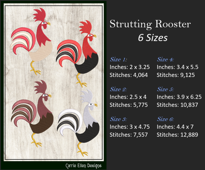 Strutting Rooster Machine Embroidery Design | Farm Animal Stitch File | Country Birds Pattern, 6 Sizes (2318)