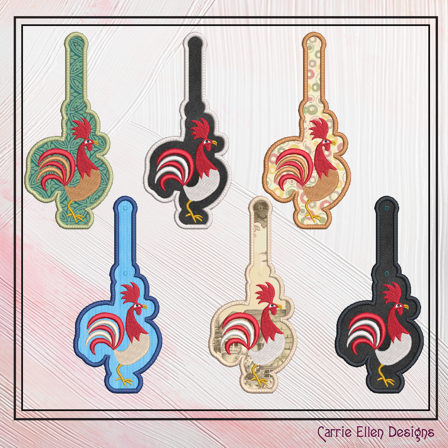 Strutting Rooster ITH Key Fob Machine Embroidery Design | Colorful Farm Bird In-The-Hoop Key Tag (2320)