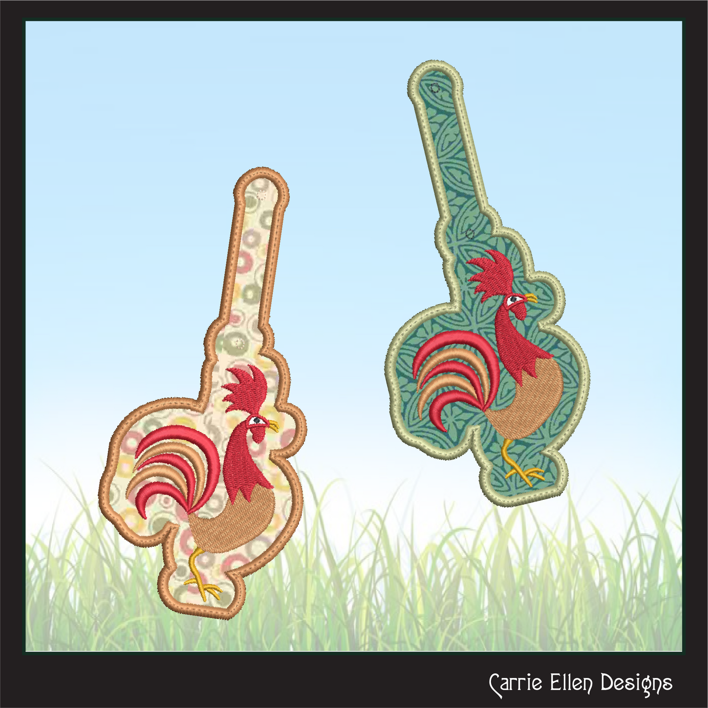 Strutting Rooster ITH Key Fob Machine Embroidery Design | Colorful Farm Bird In-The-Hoop Key Tag (2320)