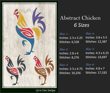 Abstract Chicken Machine Embroidery Design, Bird Embroidery Pattern, Farm Animal Design, 6 Sizes (2321)