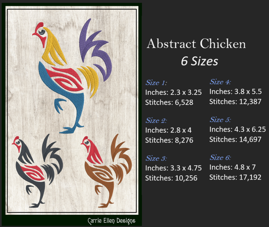 Abstract Chicken Machine Embroidery Design, Bird Embroidery Pattern, Farm Animal Design, 6 Sizes (2321)
