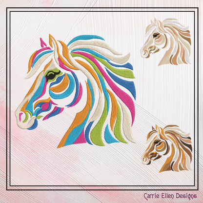 Abstract Horse Head Embroidery Design, Stallion Profile Embroidery Design, Equestrian Animal Design, 6 Sizes (2376), 6 Sizes (2376)