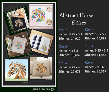 Abstract Horse Head Embroidery Design, Stallion Profile Embroidery Design, Equestrian Animal Design, 6 Sizes (2376), 6 Sizes (2376)