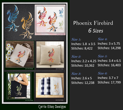 Phoenix Rising – Abstract Machine Embroidery Design | Colorful Mythic Fire Bird, 6 Sizes (2416)