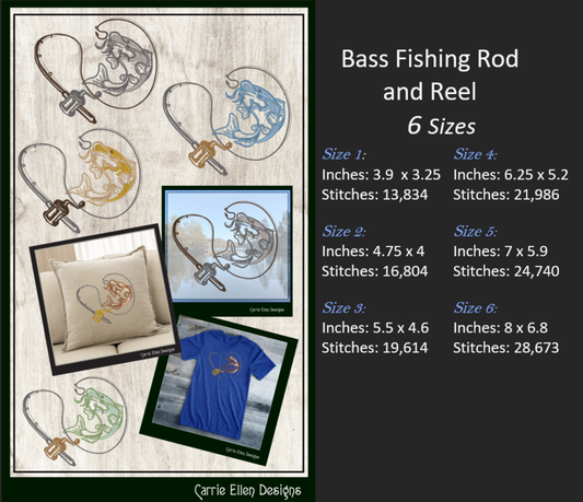 Fishing Pole and Wide Mouth Bass Machine Embroidery Design – Fishing Sketch Pattern | 6 Sizes (2423)