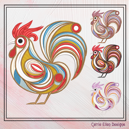 Abstract Chicken Machine Embroidery Design – Farm Animal Bird Pattern | 4 Sizes (2434)