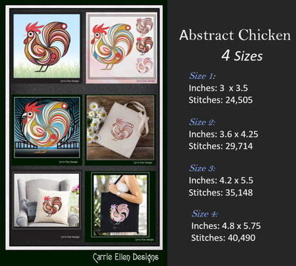 Abstract Chicken Machine Embroidery Design – Farm Animal Bird Pattern | 4 Sizes (2434)