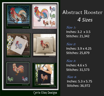 Abstract Rooster Machine Embroidery Design – Farm Animal Bird Pattern | 4 Sizes (2436)