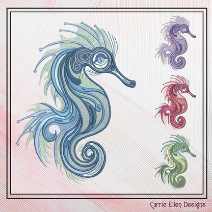 Fancy Seahorse Machine Embroidery Design – Artistic Sea Life Pattern | 6 Sizes (2481)