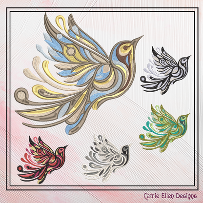 Artistic Dove Machine Embroidery Design – Abstract Bird Pattern, Universal Symbol of Peace, 4 Sizes (2495)