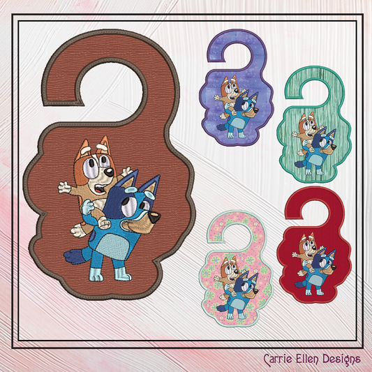 Bluey ITH Door Knob Hanger Machine Embroidery Design – Bluey & Bingo Piggyback Cartoon In-The-Hoop Door Sign (2516)