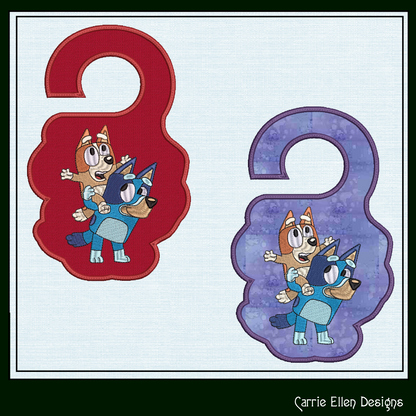 Bluey ITH Door Knob Hanger Machine Embroidery Design – Bluey & Bingo Piggyback Cartoon In-The-Hoop Door Sign (2516)