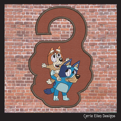 Bluey ITH Door Knob Hanger Machine Embroidery Design – Bluey & Bingo Piggyback Cartoon In-The-Hoop Door Sign (2516)