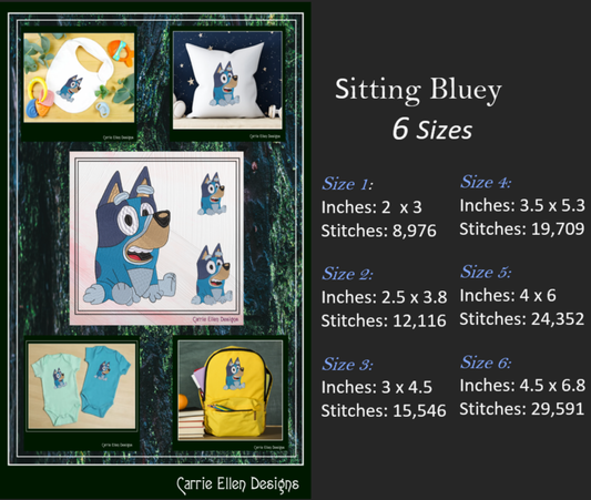 Bluey Sitting Machine Embroidery Design, Bluey Heeler Fandom Cartoon Character Embroidery Pattern, 6 sizes (2517)