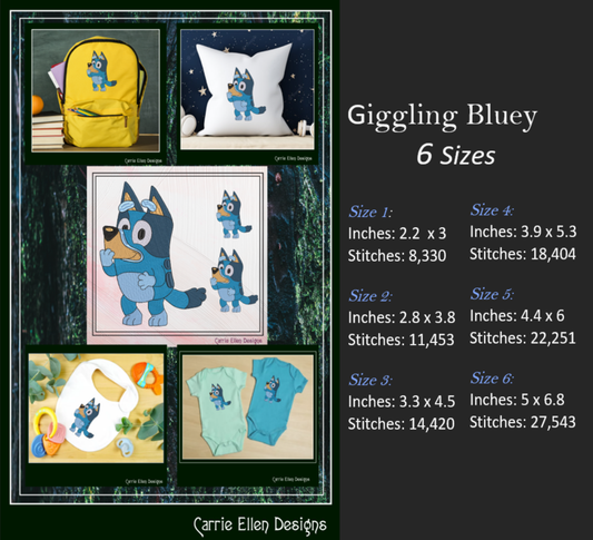 Giggling Bluey Machine Embroidery Design, Bluey Heeler Fandom Cartoon Character Embroidery Pattern, 6 sizes (2519)