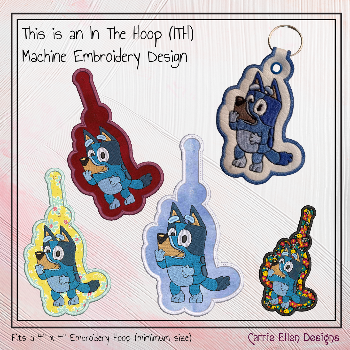 Bluey ITH Key Fob Machine Embroidery Design | Fan Favorite Cartoon Character In-The-Hoop Key Tag (2521)