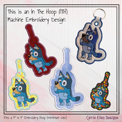 Bluey ITH Key Fob Machine Embroidery Design | Fan Favorite Cartoon Character In-The-Hoop Key Tag (2521)