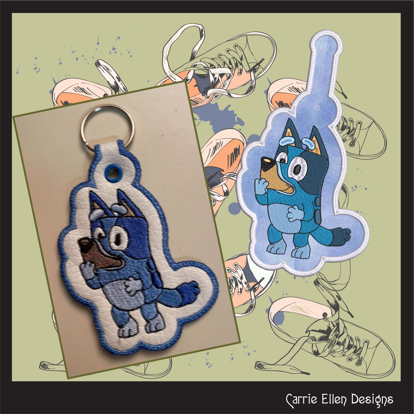 Bluey ITH Key Fob Machine Embroidery Design | Fan Favorite Cartoon Character In-The-Hoop Key Tag (2521)