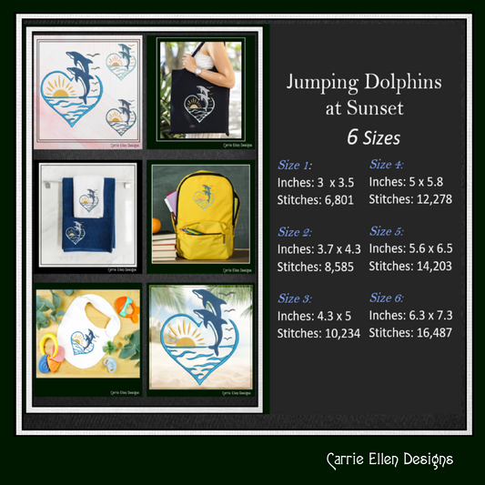 Dolphin Machine Embroidery Design, Bottlenose Dolphin Pattern, Jumping Bottlenose Dolphin with Sunset Design, 6 Sizes (2533)