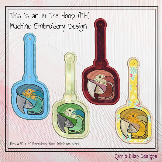 Parrot ITH Key Fob Machine Embroidery Design | Colorful Bird In-The-Hoop Key Tag  (2545)