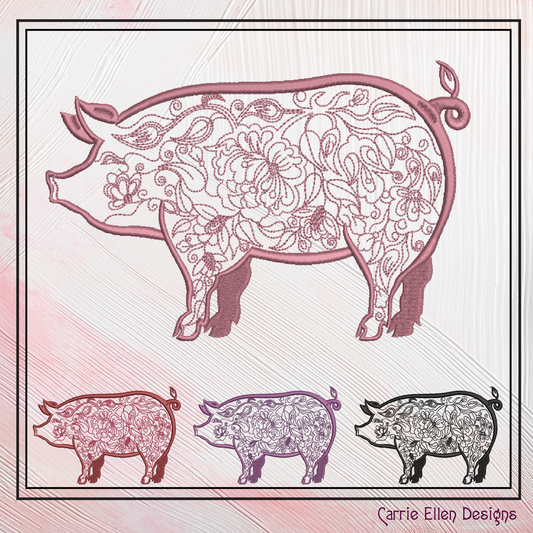 Artistic Floral Pig Machine Embroidery Design, Artistic Pig Line Art Sketch Design, Farm Animals, 6 sizes (2548)