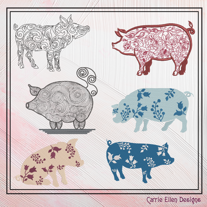 Pig Machine Embroidery Design Bundle – Floral Pigs, Sketch Farm Animal Designs, 6 Designs in 6 Sizes Each (2549)
