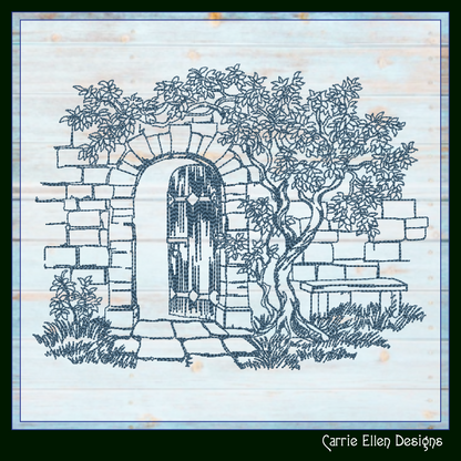 Garden Gate Machine Embroidery Design, Sketch Machine Embroidery Design, Artistic Patio Stone Bench Design, 6 Sizes (2550)