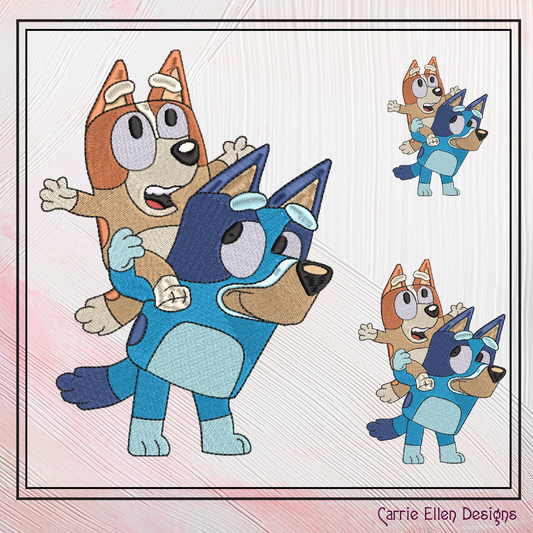 Bluey Machine Embroidery Design, Bluey and Bingo Piggyback Cartoon Character Embroidery Design File, 6 sizes (2552)