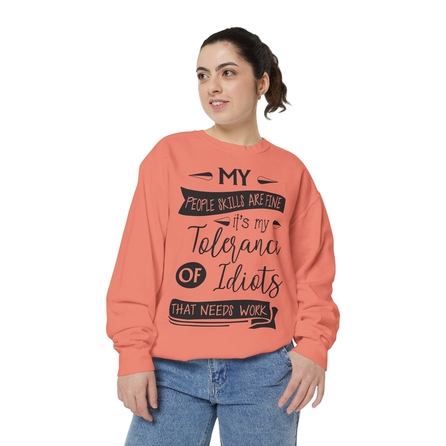 Tolerance of Idiots Snarky Quote Garment-Dyed Sweatshirt, Comfort Colors Adult Humor Printed Sweatshirt (P6005)