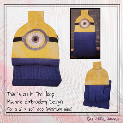 Minion In The Hoop Towel Topper Machine Embroidery Design, ITH Cartoon Fan Favorite Character Towel Hanger (2556)